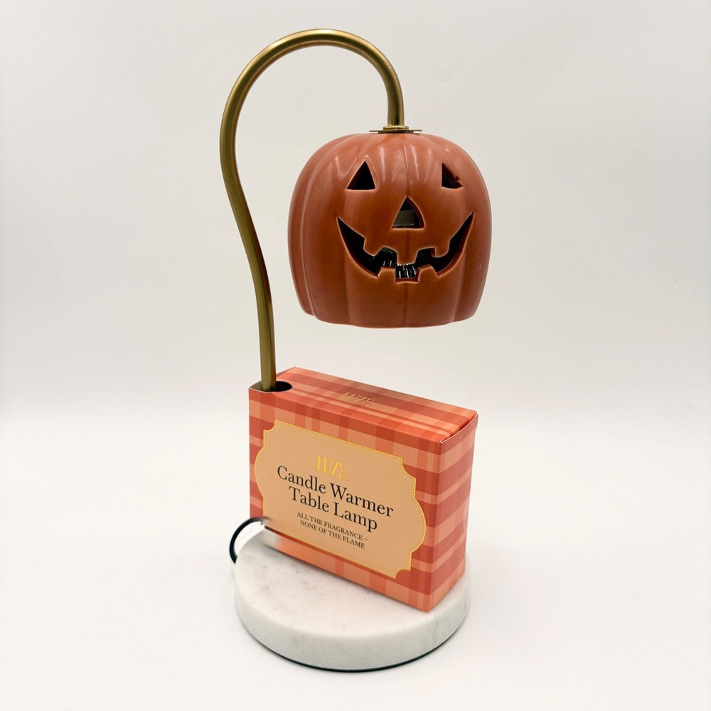 LUZE Halloween Pumpkin Candle Warmer Lamp Marble Base Brass Fall Autumn Decor